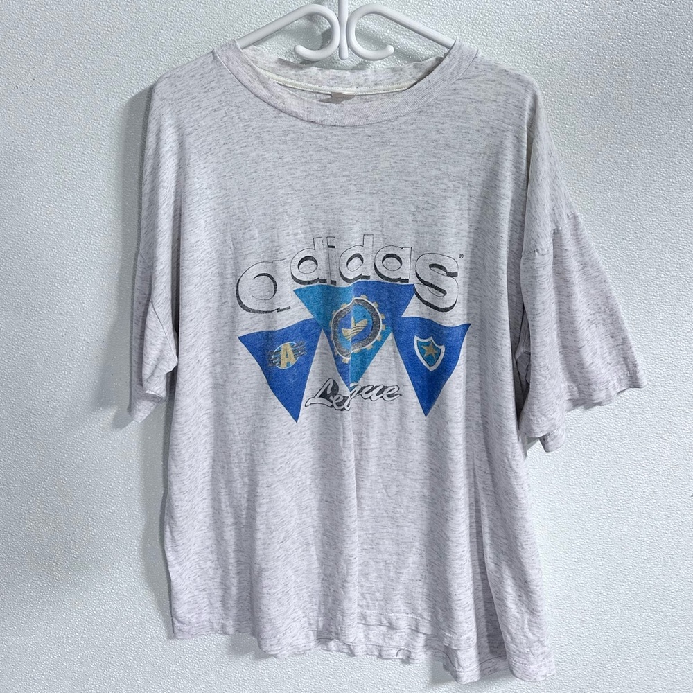 VINTAGE 80s ADIDAS LEAGUE TREFOIL T-SHIRT SINGLE STITCH SOFT GRAY - Size XL